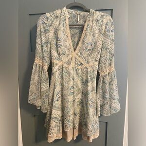 Free People Print Bell Sleeve Dress, Size 0